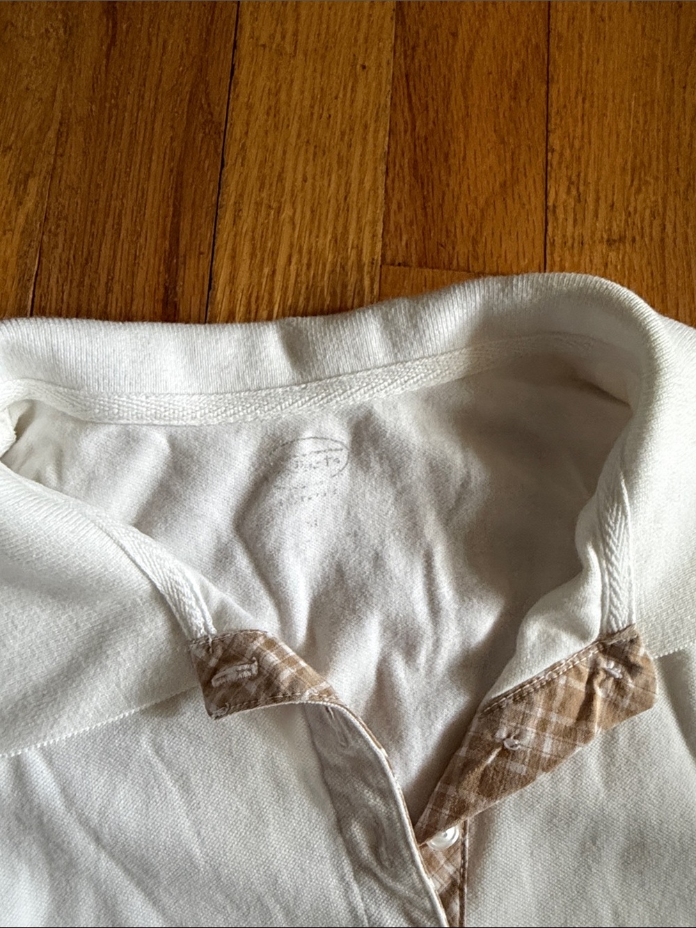 Talbots White Long-Sleeve Polo Blouse with Plaid Trim - Picture 2 of 4